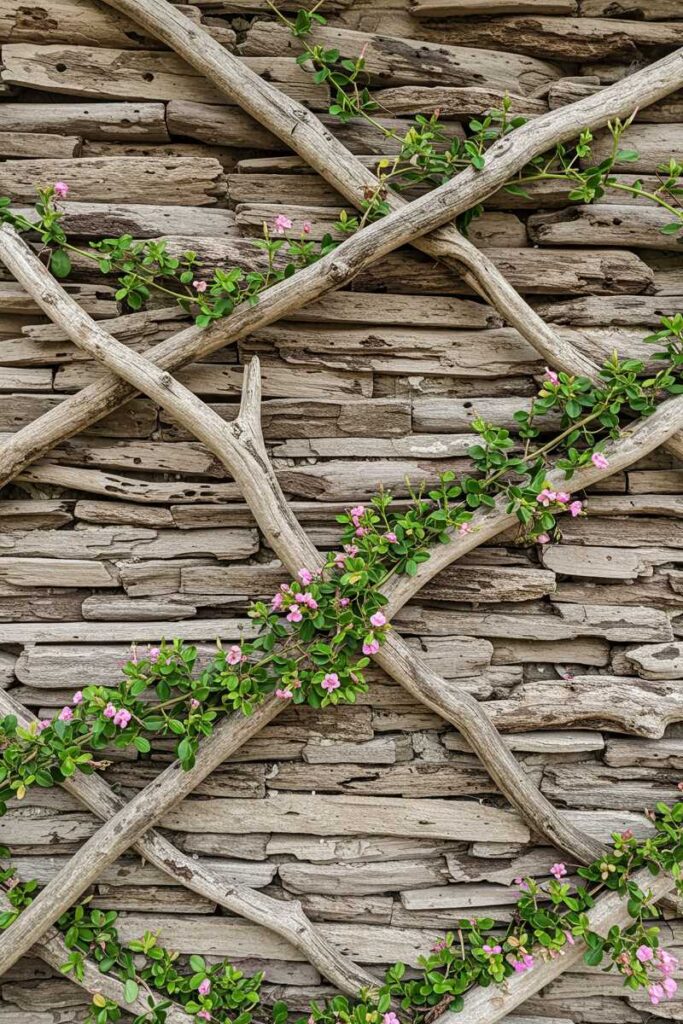 Coastal garden trellis ideas with driftwood pieces forming an organic frame for flowering vines in a relaxed setting.