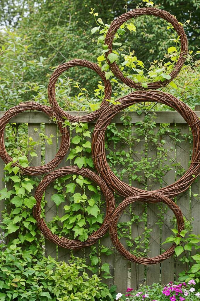 Decorative garden trellis ideas using metal or willow wreaths mounted on a fence with vines climbing through the loops.