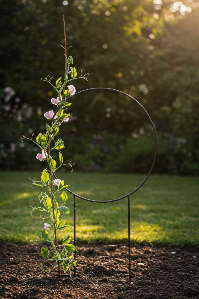 Minimal garden trellis ideas using a single metal hoop as a sculptural support for delicate sweet pea vines.