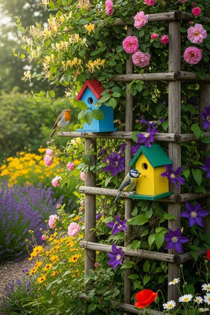 Whimsical garden trellis ideas with a rustic frame, flowering vines, and colorful birdhouses in a lively cottage garden.
