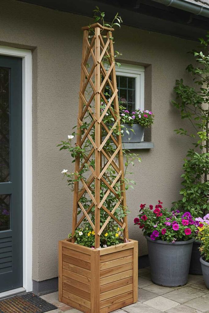 Charming garden trellis ideas with a tall wooden obelisk set in a planter box and climbing vines on a sunny patio.