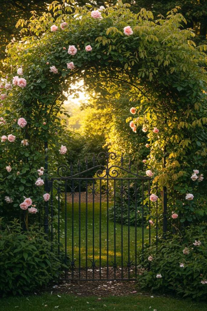 Secret garden trellis ideas using a wrought iron gate entwined with climbing roses and wisteria in golden light.