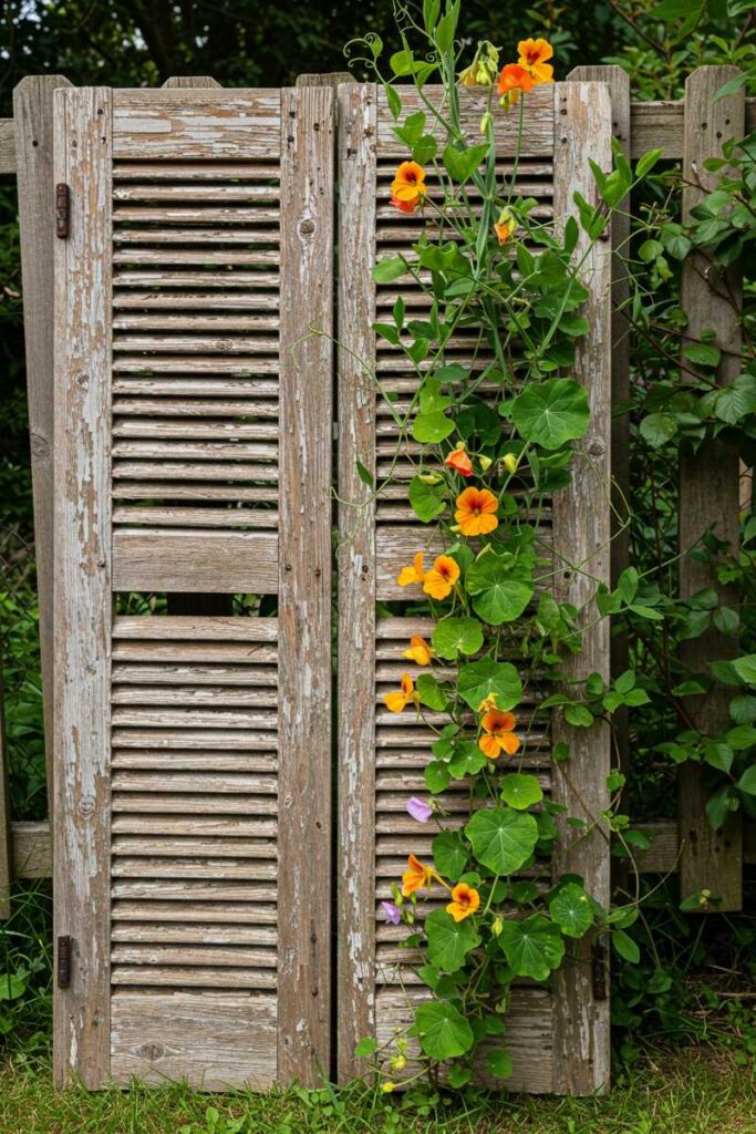 Garden trellis ideas with a vintage wooden shutter and climbing sweet peas in a cottage garden.