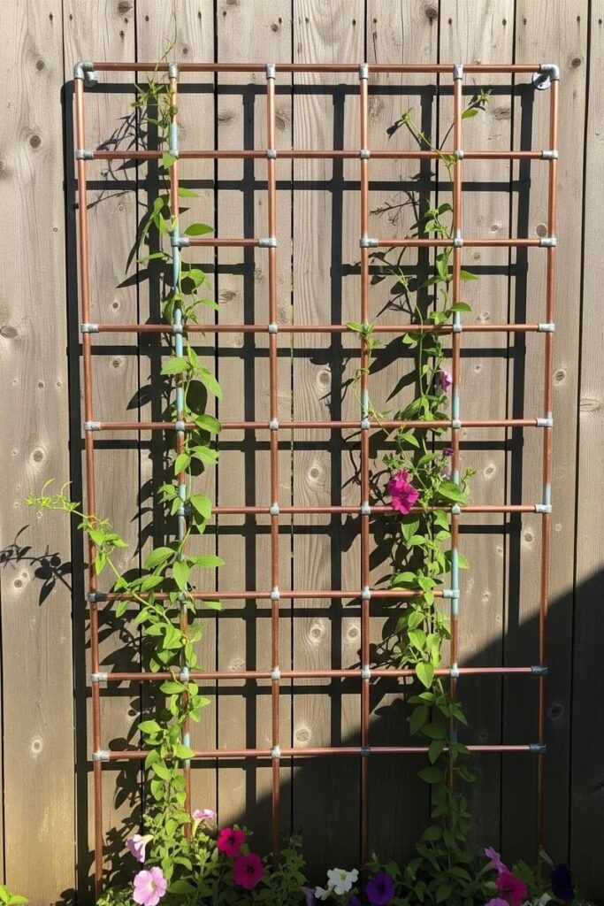 Modern garden trellis ideas using copper pipes with vines climbing through the geometric grid.
