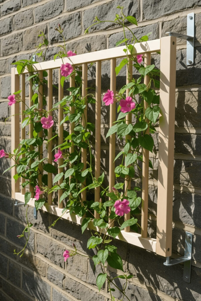 Whimsical garden trellis ideas with a crib rail mounted on a stone wall and pink flowering vines.