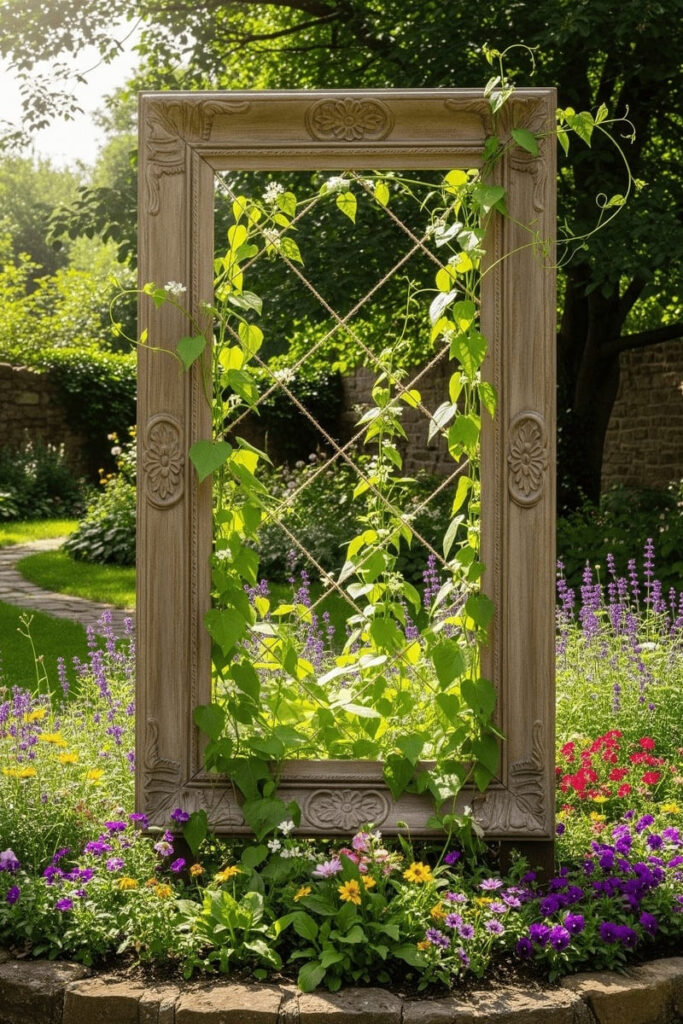 Creative garden trellis ideas featuring a picture frame strung with twine and climbing greenery.