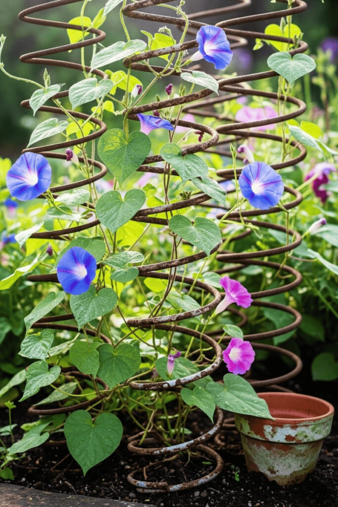 Rustic garden trellis ideas with metal coil springs trellis and morning glories climbing the coils.