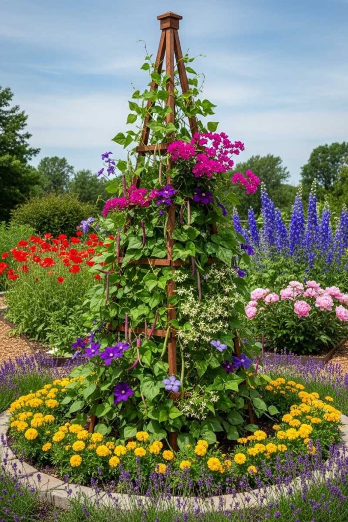 Striking wooden obelisk centerpiece surrounded by flowers—vertical garden trellis ideas for climbing plants.