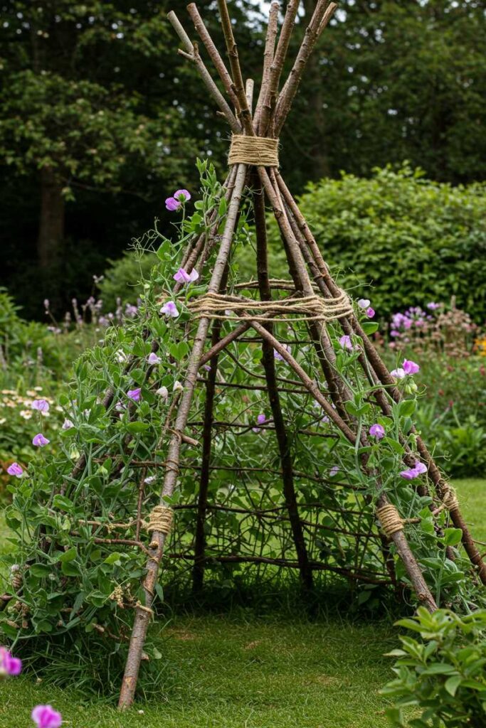 Whimsical garden trellis ideas with a rustic teepee made of natural branches and twine, covered in sweet peas.