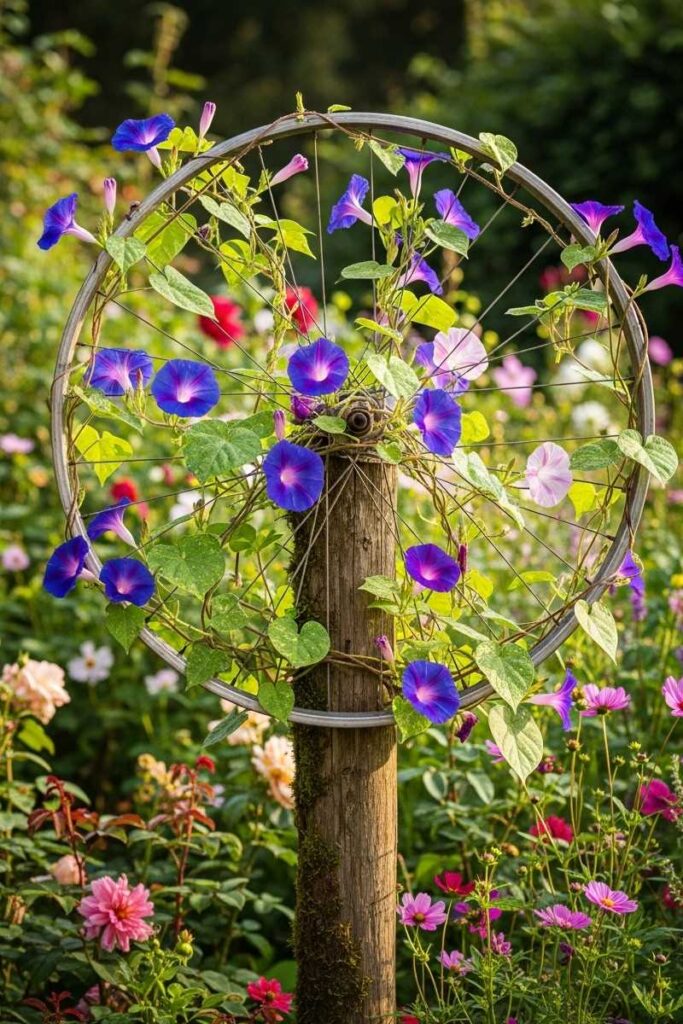 Unique garden trellis ideas using an old bicycle wheel as a circular support for climbing morning glories.