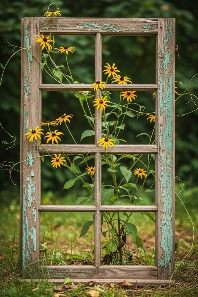Rustic garden trellis ideas with a repurposed wooden window frame supporting black-eyed Susan vines.