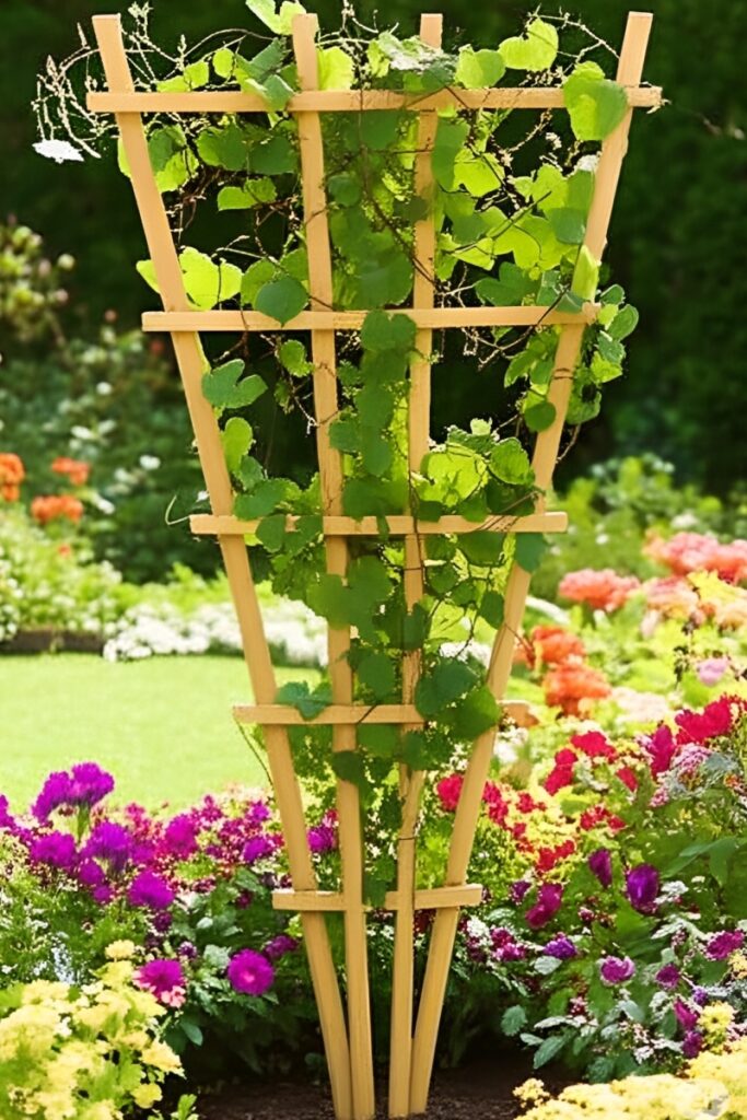 Creative garden trellis ideas featuring fan-shaped wooden garden stakes with morning glories climbing upward.