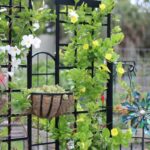 a table with flowers and chairs, Garden Trellis Ideas