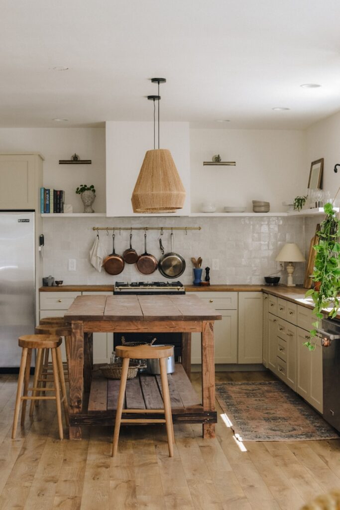 brown wooden seat beside white wooden kitchen cabinet, Kitchen Island Ideas