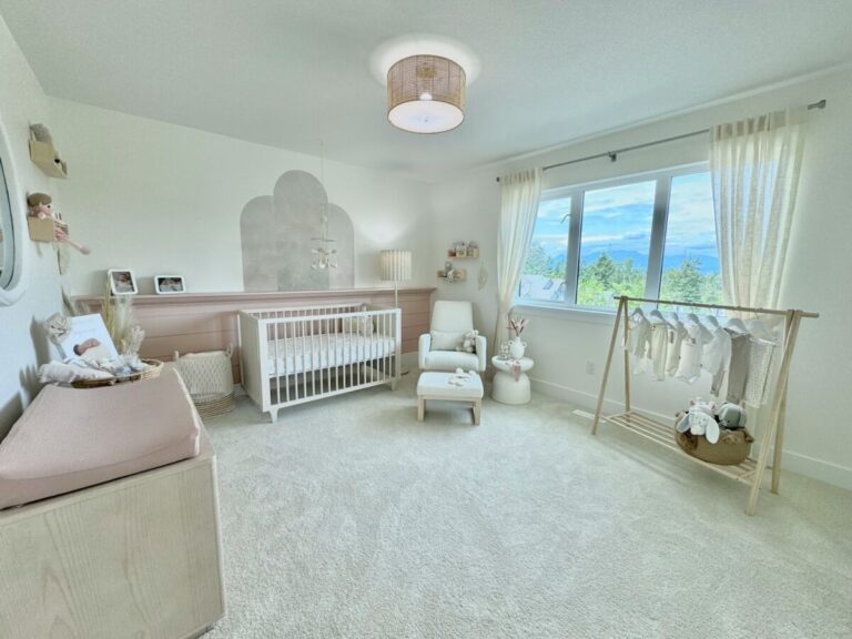 A baby's room with a crib, crib, and rocking chair, Modern Baby Girl Room Ideas