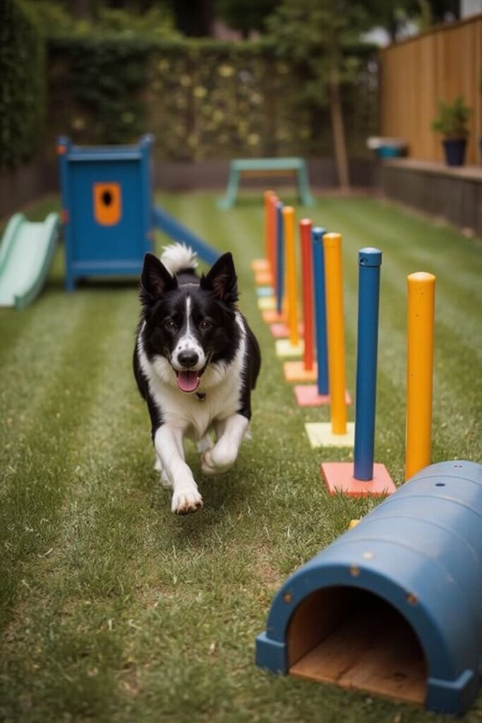 A happy black and white Border Collie runs through a colorful obstacle course with poles and a tunnel, illustrating high-energy Dog-Friendly Backyard Ideas for active dogs.