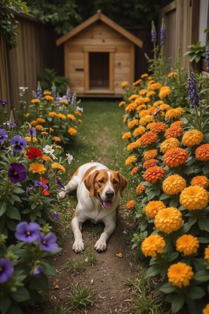 A Beagle lounges in a vibrant flower garden with marigolds and zinnias, part of aesthetic and colorful Dog-Friendly Backyard Ideas that mix beauty with dog-safe design.