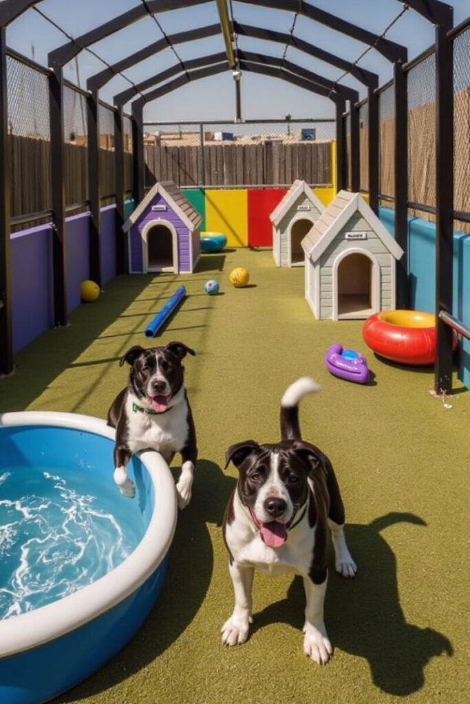 Two dogs play near a small pool in a fenced area with colorful dog houses, exemplifying Dog-Friendly Backyard Ideas for multi-dog households.