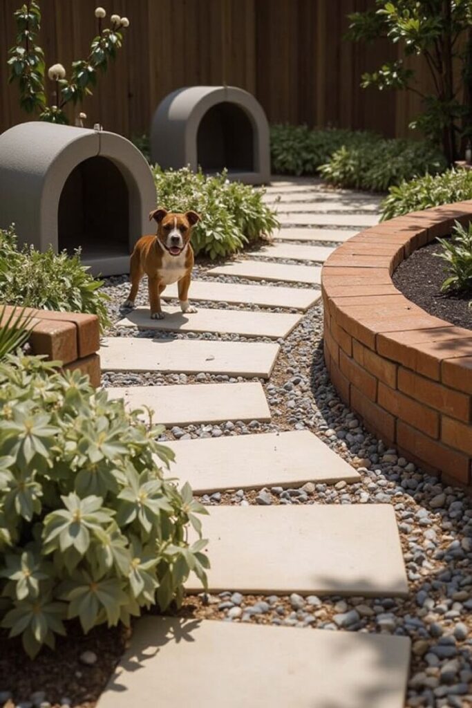 A dog walks along a stone path flanked by concrete dog tunnels, showcasing Dog-Friendly Backyard Ideas with exploratory paths and hideouts.