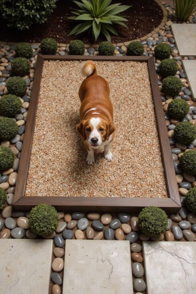 A dog stands in a rectangular wood-framed potty spot lined with pebbles and shrubs, a clean and efficient Dog-Friendly Backyard Idea for managing pet waste.