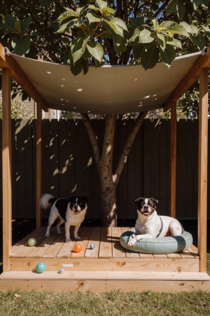 Two black and white dogs relax under a wooden canopy with balls and a dog bed, a cool and comfortable Dog-Friendly Backyard Idea ideal for warm climates.