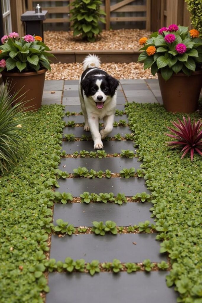 A cheerful dog runs on a stepping-stone path surrounded by lush ground cover and flowering plants, a safe and foot-friendly Dog-Friendly Backyard Idea.