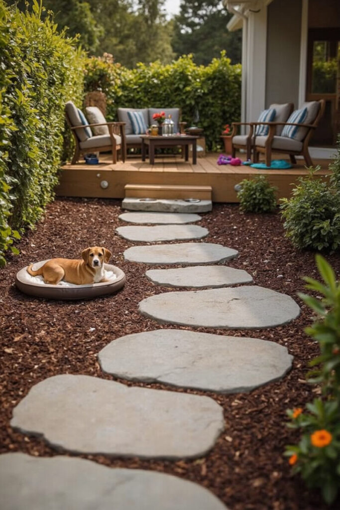 A brown and cream dog rests on a bed along a stone garden path near a wooden deck, showcasing relaxed and stylish Dog-Friendly Backyard Ideas for lounging.