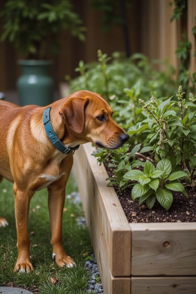 A brown and white dog with a blue collar sniffs a raised garden bed full of herbs, a relaxing and sensory-rich Dog-Friendly Backyard Idea.