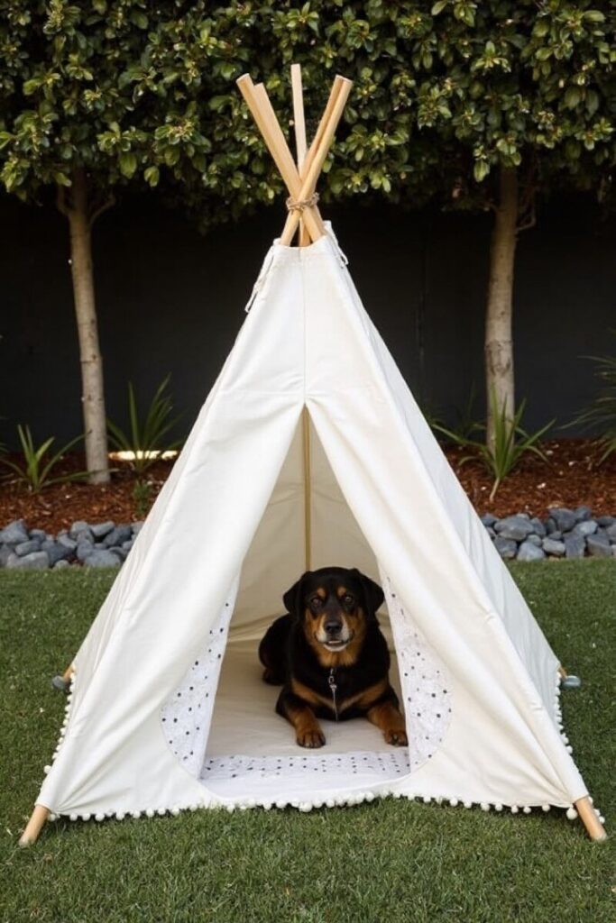 A brown and white dog lounges on a cushioned bed outside a wooden doghouse near lavender plants, one of the most peaceful Dog-Friendly Backyard Ideas for rest and comfort.