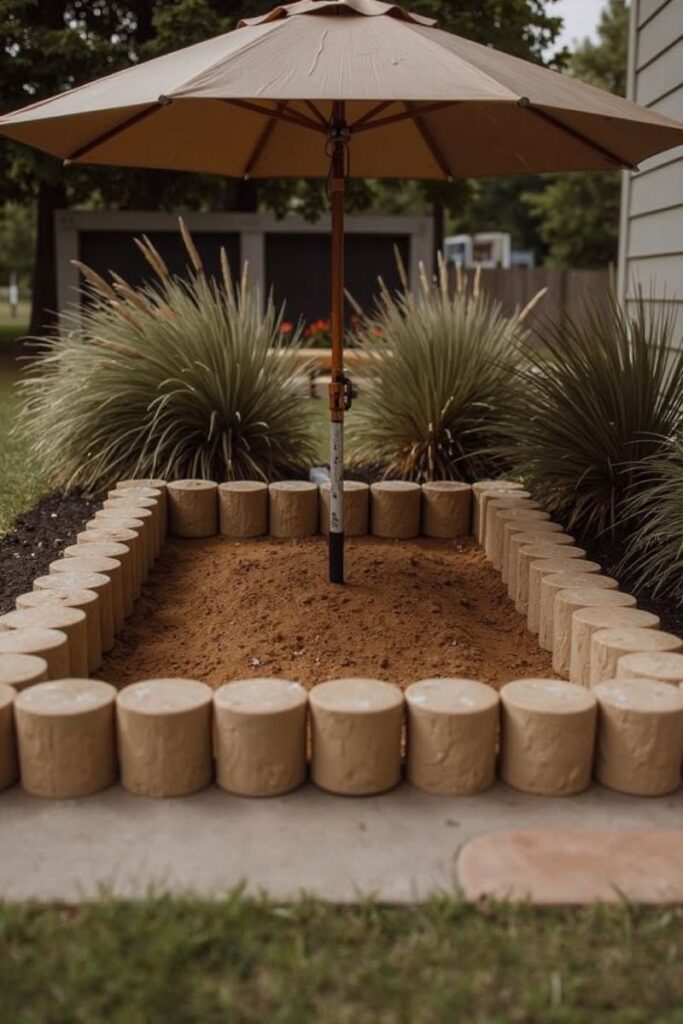 A shaded garden bed made of wooden logs forms a designated digging zone, part of practical and mess-controlled Dog-Friendly Backyard Ideas.