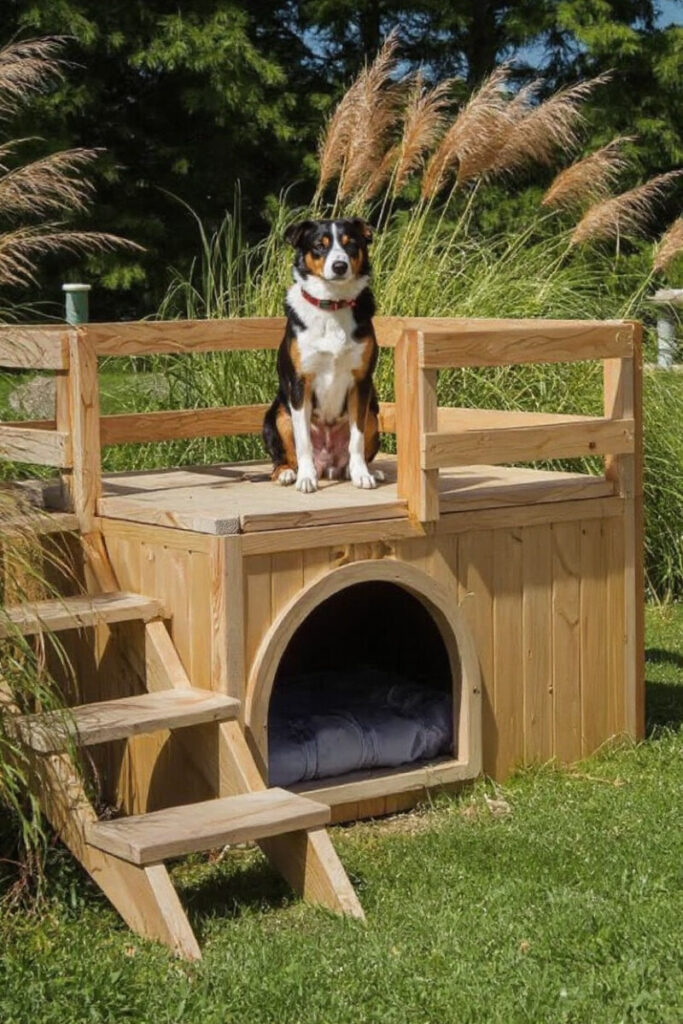 A small dog stands on its hind legs beneath a hanging toy and macrame ropes, representing fun, interactive Dog-Friendly Backyard Ideas for play-driven pups.