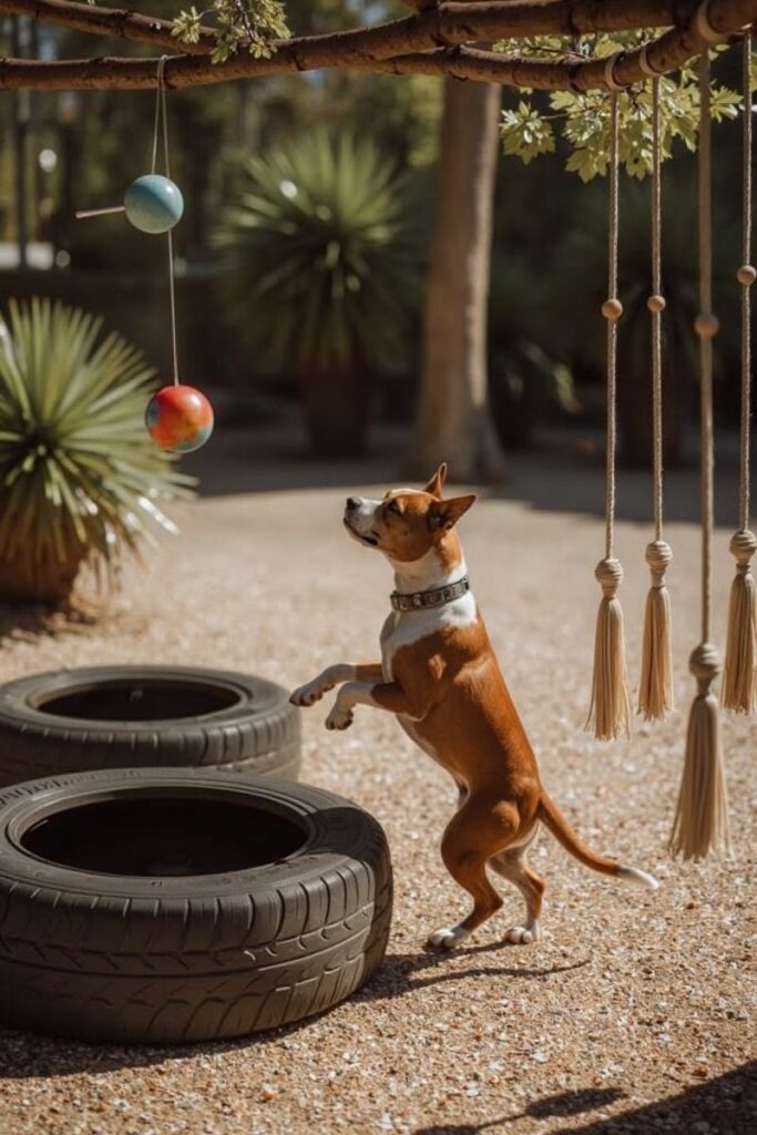 A large dog sits atop a wooden doghouse with a ramp, one of the elevated Dog-Friendly Backyard Ideas perfect for curious pups who love to observe their space.