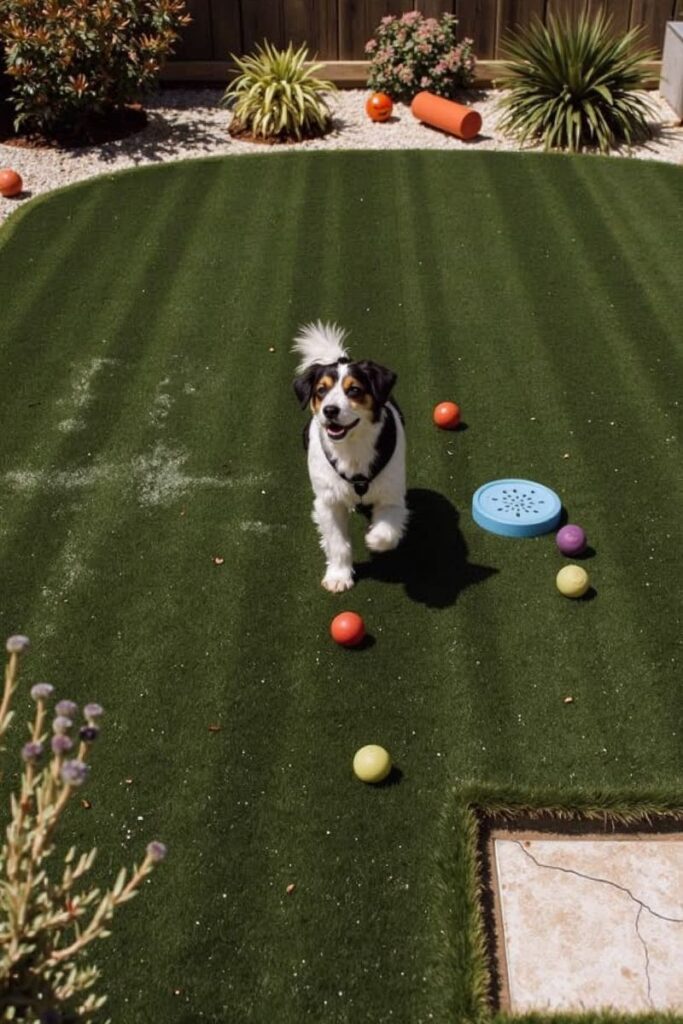 A white and black dog stands on artificial turf surrounded by toys, showing low-maintenance Dog-Friendly Backyard Ideas for durability and cleanliness.