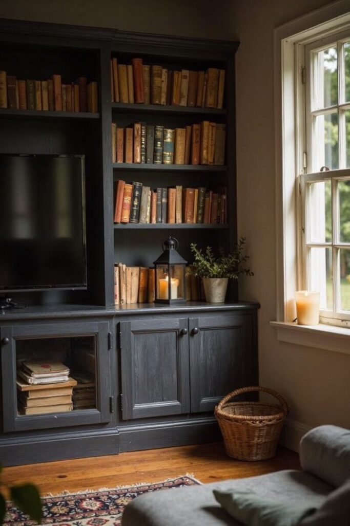 Farmhouse TV stand decor ideas: dark wood bookcase, lantern, woven basket by sunny window.