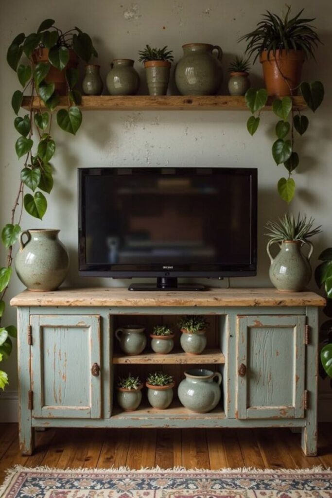 Farmhouse TV stand decor ideas: blue distressed stand with enamel planters and succulents.