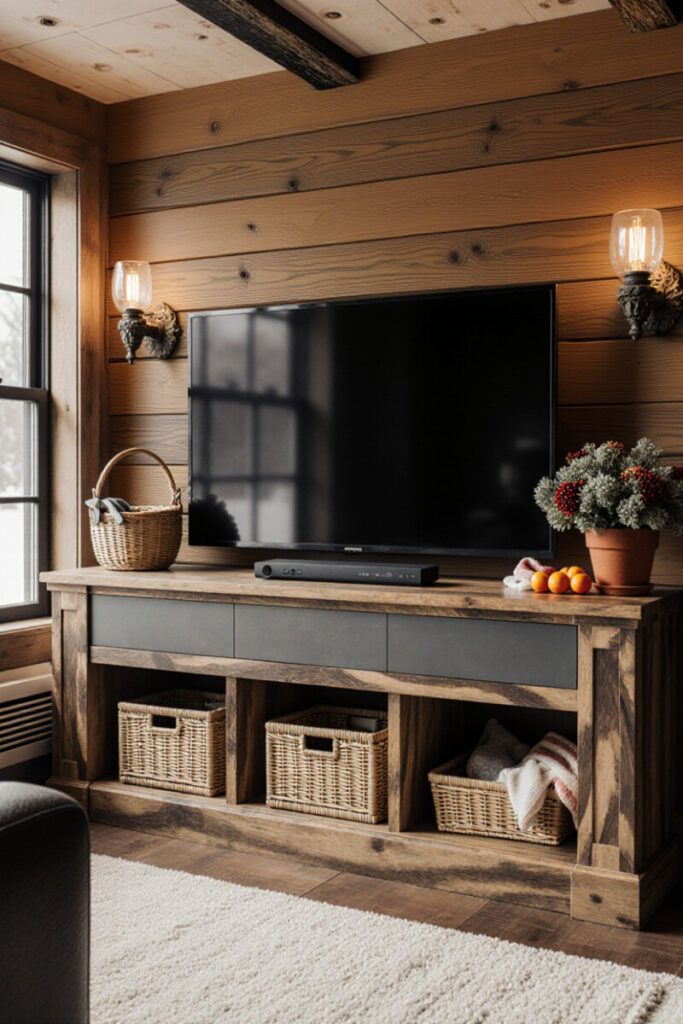 Farmhouse TV stand decor ideas: chalk-labeled baskets and a fresh bowl of oranges.