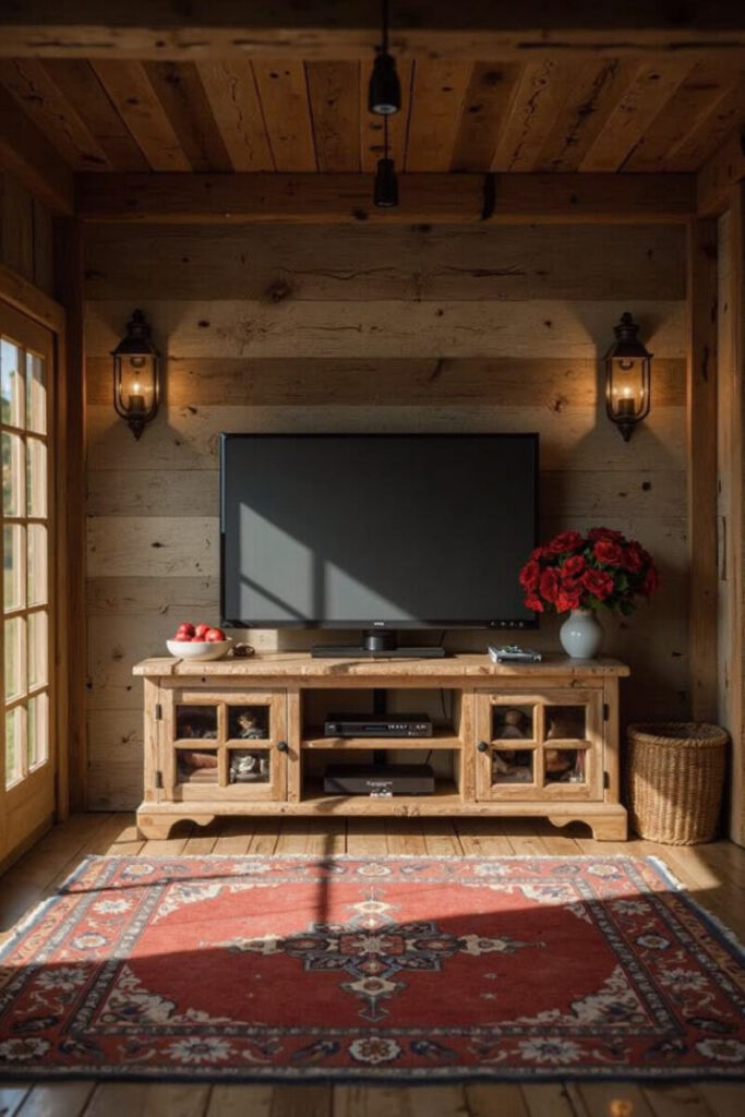 Farmhouse TV stand decor ideas: lantern-lit TV stand with red roses and apples.