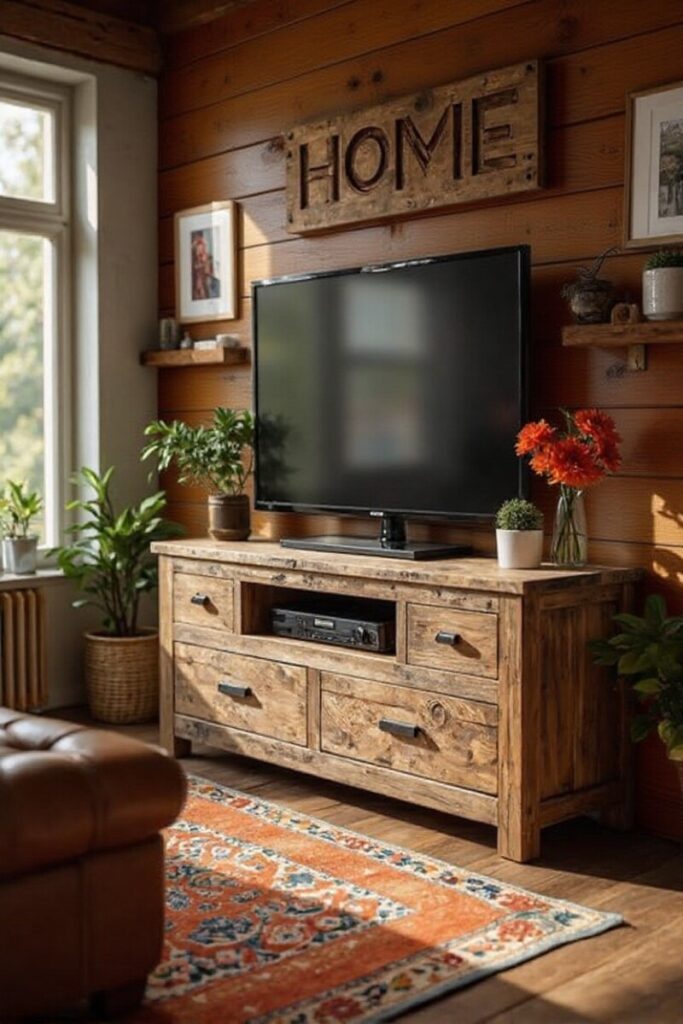 Farmhouse TV stand decor ideas: “HOME” sign over rustic TV stand with greenery.
