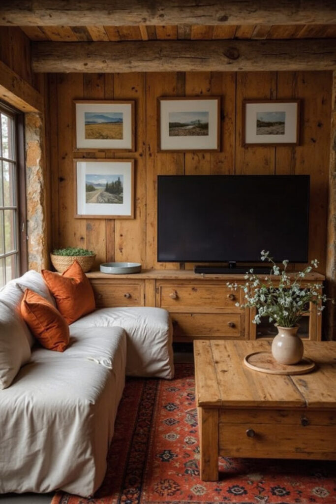 Farmhouse TV stand decor ideas: gallery frames and baby’s breath around TV.