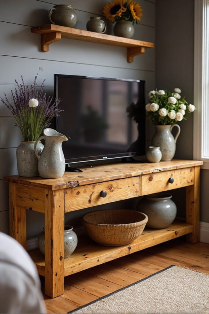 Farmhouse TV stand decor ideas: white blooms and a ceramic pitcher on console.