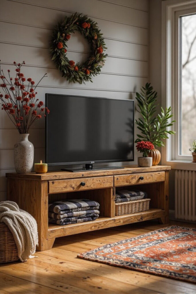 Farmhouse TV stand decor ideas: wreath and plaid throw baskets under TV.