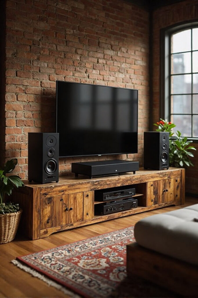 Farmhouse TV stand decor ideas: brick feature wall with sleek black speakers.