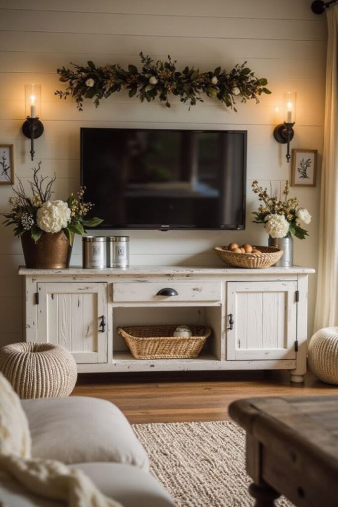 Farmhouse TV stand decor ideas: white TV stand with baskets, florals, and wall sconces.