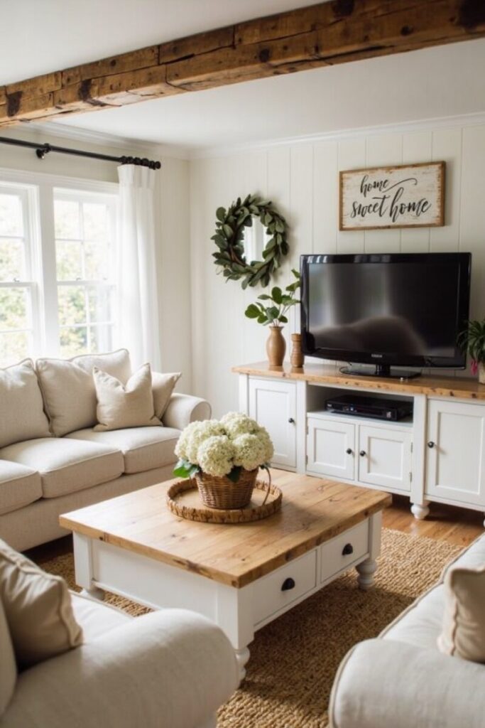 Farmhouse TV stand decor ideas: “Home Sweet Home” sign with wreath and white cabinet.