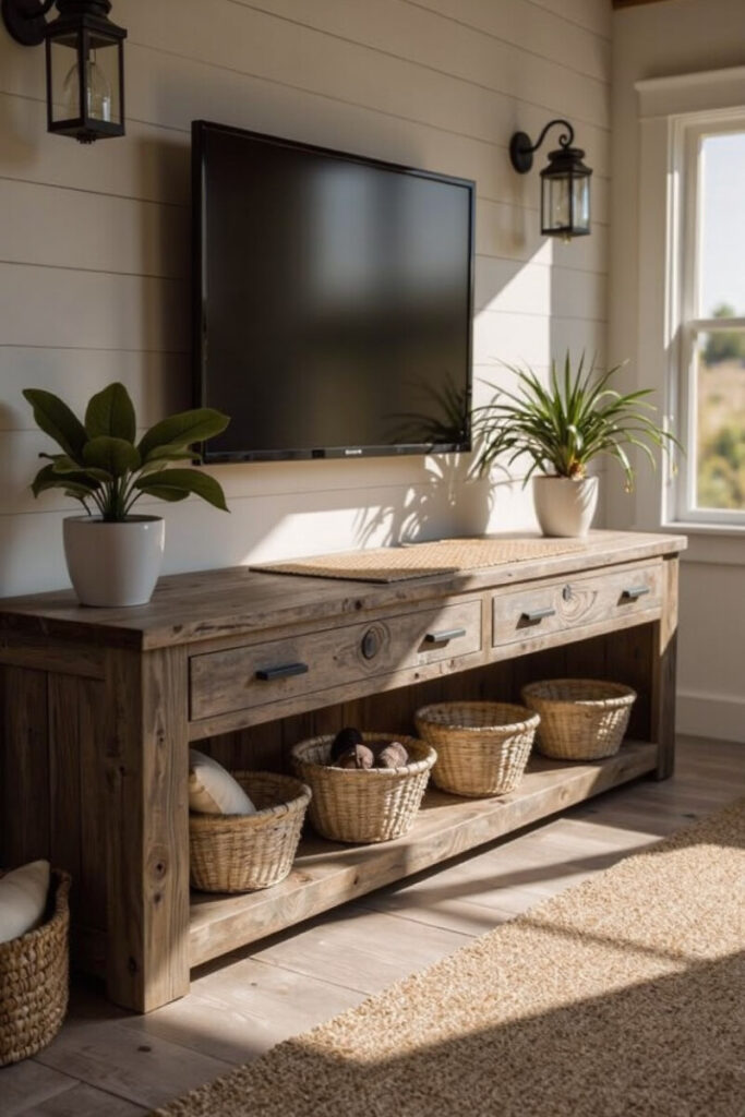 Farmhouse TV stand decor ideas: console with baskets, twin lanterns, potted plants under wall TV.