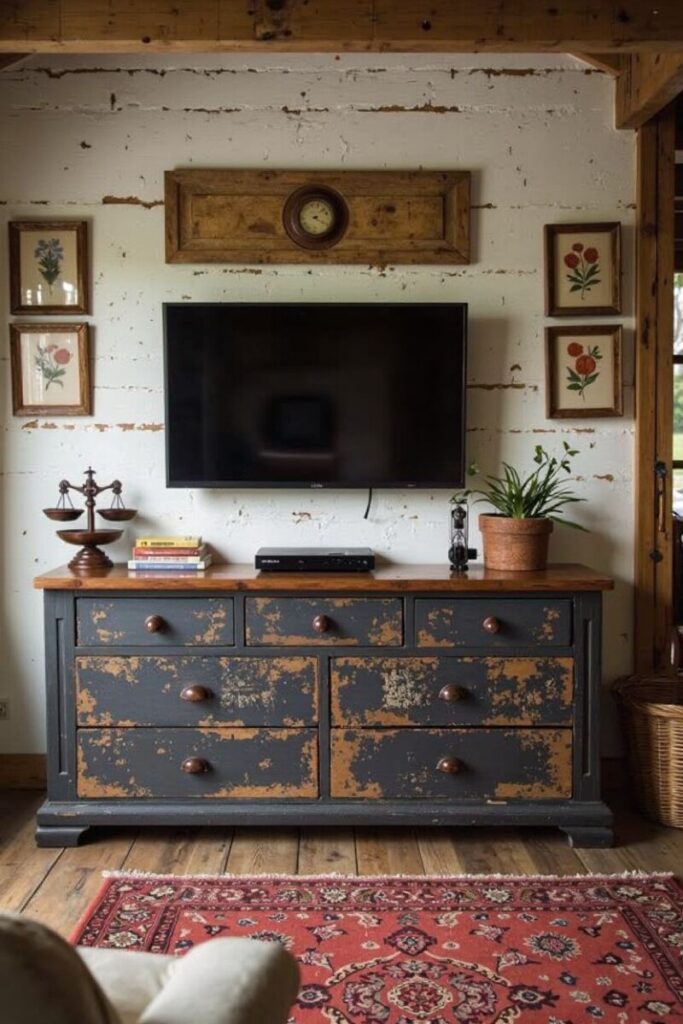 Farmhouse TV stand decor ideas: distressed dresser with vintage scale and floral art.