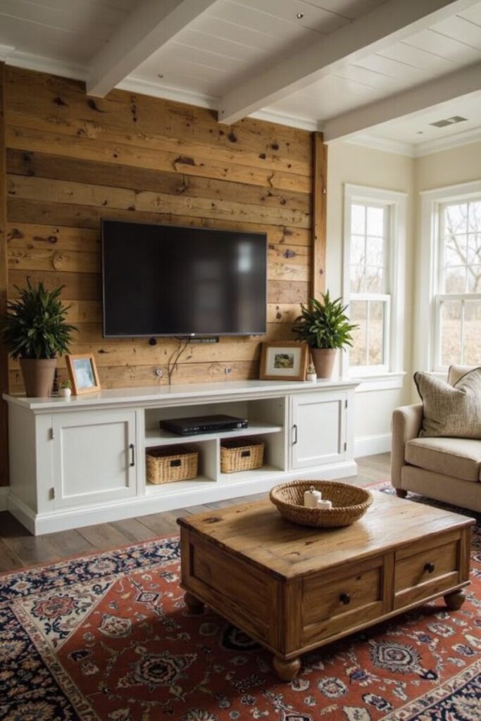 Farmhouse TV stand decor ideas: white shiplap wall behind simple TV stand.