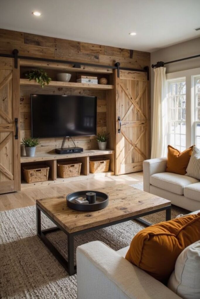 Farmhouse TV stand decor ideas: barn doors and shelf cubbies with baskets and plants.