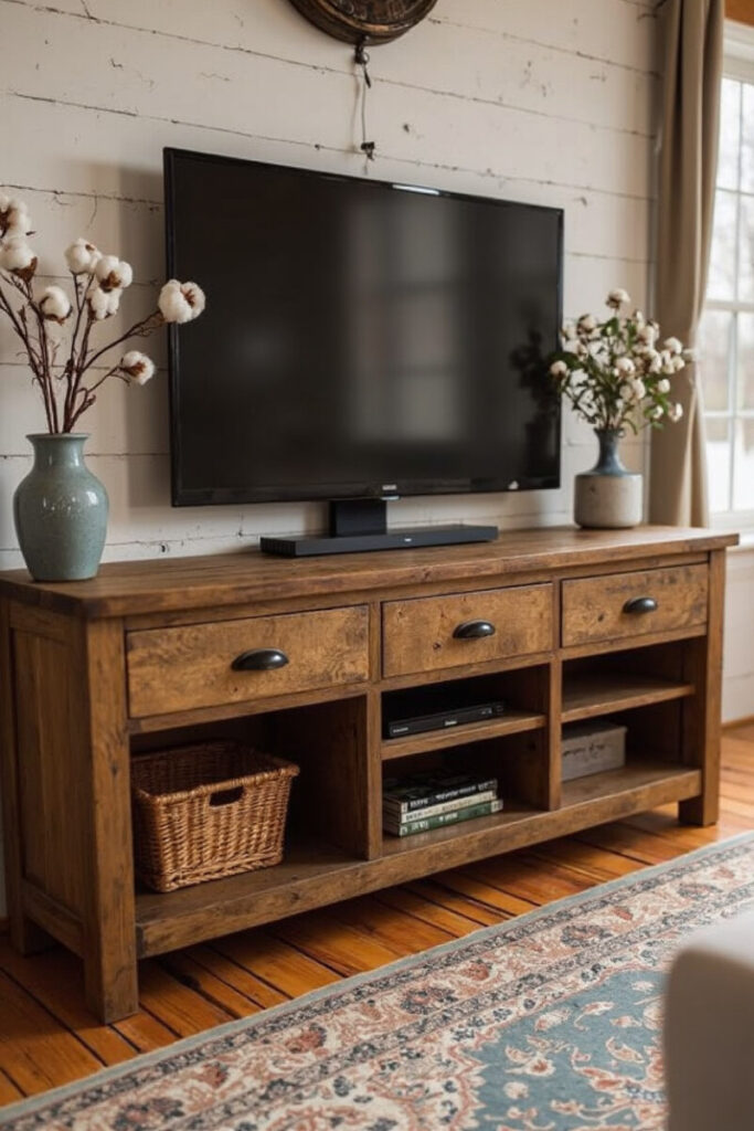 Farmhouse TV stand decor ideas: cotton stem vases on rustic three-drawer stand.