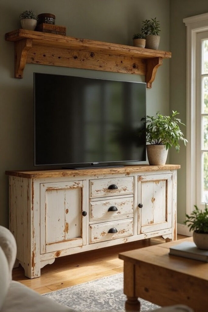 Farmhouse TV stand decor ideas: weathered white stand against soft green wall.